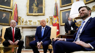 US President Donald Trump and Vice President JD Vance meet Israeli Prime Minister Benjamin Netanyahu at the White House in February. Reuters