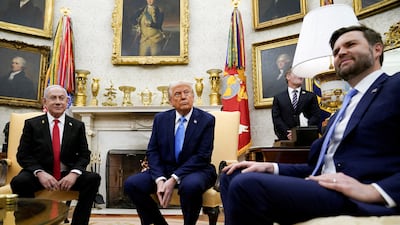 US President Donald Trump and Vice President JD Vance meet Israeli Prime Minister Benjamin Netanyahu at the White House in February. Reuters