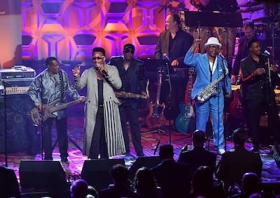 Musicians Robert 'Kool' Bell, James 'JT' Taylor, Ronald Bell and Dennis Thomas (right) of Kool and The Gang perform onstage during the Songwriters Hall of Fame 49th Annual Induction and Awards Dinner at New York Marriott Marquis Hotel in New York City. AFP