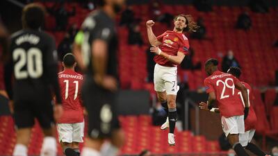 Manchester United's Uruguayan striker Edinson Cavani celebrates after scoring the opening goal of the Uefa Europa League quarter-final against Granada at Old Trafford stadium in Manchester. AFP