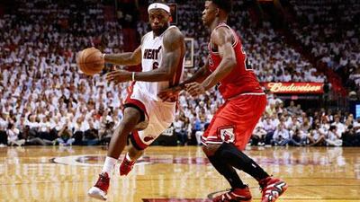 Jimmy Butler, right, kept LeBron James under check during Game 1 of the Eastern Conference semi-finals. Chris Trotman / Getty Images / AFP