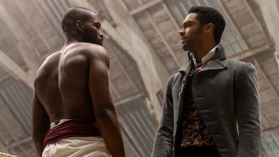 'Bridgerton' characters Will Mondrich (Martins Imhangbe) and Simon Basset (Rege-Jean Page) in the boxing ring. Imhangbe celebrated New Year's Eve in Dubai. Courtesy Shondaland / Netflix