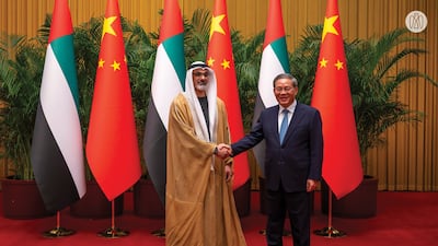 Sheikh Khaled bin Mohamed, Crown Prince of Abu Dhabi, with Li Qiang, Premier of China. Abu Dhabi Media Office