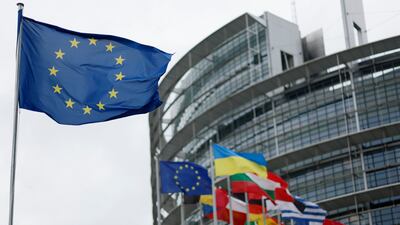 The EU flag flies at the European Parliament in Strasbourg, France. Europe's economic stagnation is rooted in its inability to keep pace with global productivity growth. AP