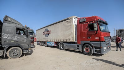 Lorries carrying aid and diesel enter Gaza through the Rafah border crossing. Getty Images