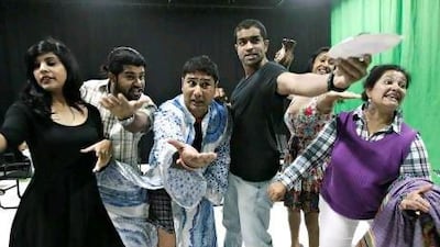 Third Half Theater actors from left, Nameeta Jamal, Siddharth Siva Prakash, Nishant Jaiswal, Dharam Veersood, Annie Saunders and Anthea Mendonca rehearse a scene from the play "Noises Off" by British playwright Michael Frayn. Jeff Topping / The National