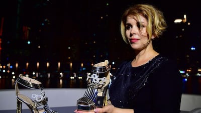 The shoes seen during the launch presentation at the Dubai Marina on October 11. AFP