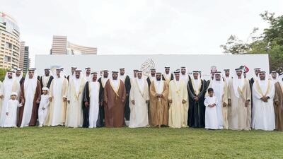 ABU DHABI, UNITED ARAB EMIRATES - November 27, 2018: HH Sheikh Khalifa bin Mohamed bin Khaled Al Nahyan (2nd R), HH Sheikh Nahyan bin Mubarak Al Nahyan, UAE Minister of State for Tolerance (3rd R), HH Sheikh Hazza bin Zayed Al Nahyan, Vice Chairman of the Abu Dhabi Executive Council (5th R), HH Sheikh Tahnoon bin Mohamed Al Nahyan, Ruler's Representative in Al Ain Region (6th R), HH Sheikh Hamad bin Mohamed Al Sharqi, UAE Supreme Council Member and Ruler of Fujairah (7th R), HH Sheikh Mohamed bin Hamad Al Sharqi, Crown Prince of Fujairah (8th R), HH Sheikh Suroor bin Mohamed Al Nahyan (9th R), HH Sheikh Saeed bin Mohamed Al Nahyan (10th R), HH Sheikh Omar bin Zayed Al Nahyan, Deputy Chairman of the Board of Trustees of Zayed bin Sultan Al Nahyan Charitable and Humanitarian Foundation (11th R) and HH Sheikh Khaled bin Zayed Al Nahyan, Chairman of the Board of Zayed Higher Organization for Humanitarian Care and Special Needs (ZHO) (13th R), stand for a photograph during the wedding reception of HH Sheikh Mohamed bin Khalifa bin Khaled Al Nahyan (4th R), at The Emirates Palace. ( Rashed Al Mansoori / Ministry of Presidential Affairs ) ---
