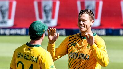 George Linde celebrates the dismissal of Mohammad Rizwan of Pakistan. Getty