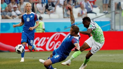 Ahmed Musa shoots to score Nigeria's first goal against Iceland. Toru Hanai / Reuters