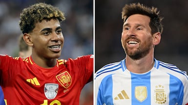 Spain's Lamine Yamal, left, and Argentina's Lionel Messi are scheduled to go head to head in Doha later this month. EPA / AFP