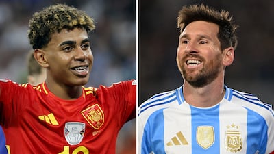 Spain's Lamine Yamal, left, and Argentina's Lionel Messi are scheduled to go head to head in Doha later this month. EPA / AFP