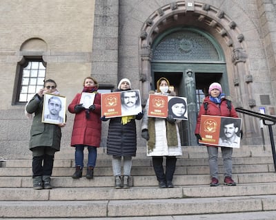 Demonstrators outside Stockholm District Court during the trial of Hamid Nouri. AFP