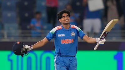 India's Shubman Gill celebrates after completing his century against Bangladesh in his team's opening match of the Champions Trophy at the Dubai International Stadium on Thursday, February 20, 2025. AP
