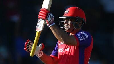 Virender Sehwag of Gemini Arabians celebrates his century on Friday in the Masters Champions League match in Sharjah. Francois Nel / Getty Images