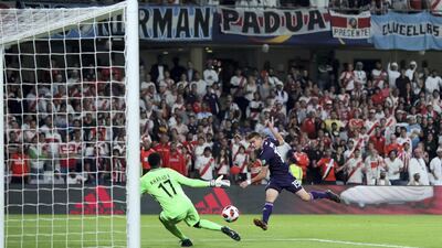 River Plate's Santos Borre scores his second during the game between River Plate and Al Ain in the Fifa Club World Cup.