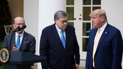 Commerce Secretary Wilbur Ross, left, Attorney General William Barr, and President Donald Trump leave after speaking about the 2020 census in the White House Rose Garden on July 11, 2019. AP Photo