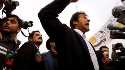 Imran Khan, leader of Pakistan Tehrik-i-Insaf (Movement for Justice), speaks at a rally in Lahore. Getty Images