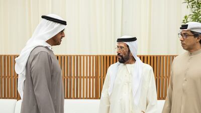 President Sheikh Mohamed, Sheikh Mansour bin Zayed, Vice President, Deputy Prime Minister and Minister of the Presidential Court, and Sheikh Tahnoon bin Mohammed, Ruler's Representative in Al Ain Region, attend condolences on the passing of Sheikh Saeed bin Zayed, at Mushrif Palace. Photo: UAE Presidential Court