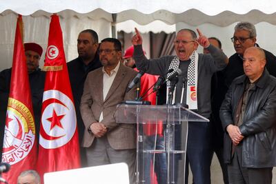 Noureddine Tabboubi, secretary general of Tunisia's UGTT labour union, speaks during a protest rally in Tunis, on Saturday. Reuters