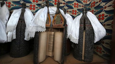Sefer Torah scrolls inside Baghdad's Meir Tweig synagogue.