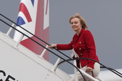 Britain's Foreign Secretary Liz Truss boards a plane in the UK ahead of a visit to New York and Washington for the United Nations General Assembly. Ms Truss has said Global Britain is about the UK planting its flag on the world stage. Photo: PA