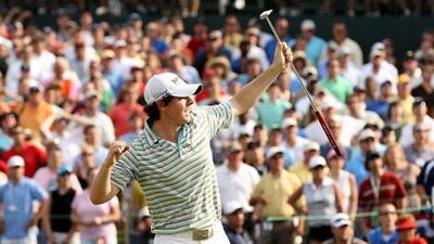Rory McIlroy, of Northern Ireland, reacts after beating Phil Mickelson to win the Quail Hollow Championship in Charlotte.