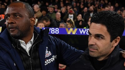 Arsenal manager Mikel Arteta, right, and his Crystal Palace counterpart Patrick Vieira lock horns on Friday in the opening match of the 2022/23 Premier League season. Getty Images