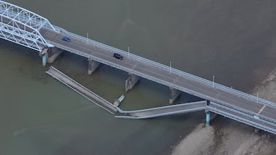 A view of the Ueyanagi Bridge, partially destroyed by a 7.1-magnitude earthquake, in Japan's Kumamoto Prefecture on Wednesday. EPA