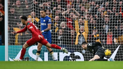 Wolves' Matheus Cunha after scoring his team's third goal against Chelsea at Stamford Bridge on Sunday. AFP