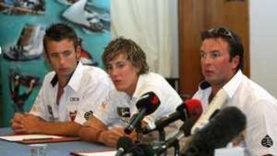 From left, Sam Usher, Luke Porter and Oliver Smith are among the five crew members from the Kingdom of Bahrain.