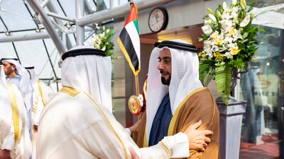 Sheikh Saif bin Zayed, Deputy Prime Minister and Minister of Interior, greets Sheikh Meshal