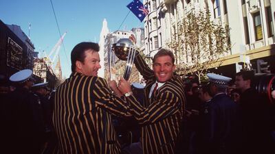 Australian captain Steve Waugh and vice captain Shane Warne during a ticker-tape parade through Melbourne, in celebration of the Australian cricket team's victory over Pakistan in the 1999 Cricket World Cup Final. Getty Images