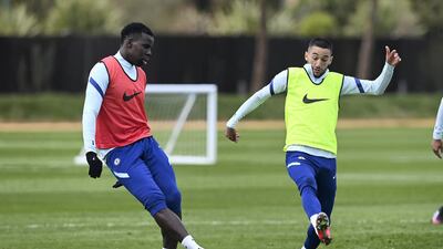 Kurt Zouma and Hakim Ziyech during a training session at Chelsea training ground in Cobham, England. Getty