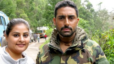 Left, the make-up artist Charu Khurana during the filming of Raavan in 2010 in Ooty, south India, with Abhishek Bachchan, before the union banned her from the set. Courtesy Charu Khurana