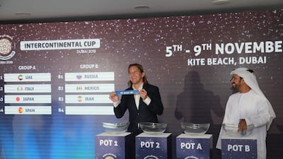 Former Real Madrid and Spain defender Michel Salgado during the draw for the Intercontinental Beach Soccer Cup Dubai 2019. Courtesy Dubai Sports Council