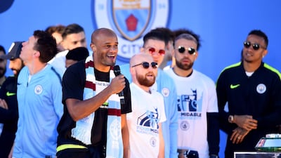 Vincent Kompany of Manchester City speaks on stage during the Manchester City Teams Celebration Parade in Manchester, England. Getty Images