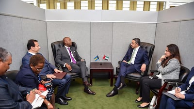 H.H. Sheikh Abdullah bin Zayed Al Nahyan, Minister of Foreign Affairs and International Cooperation, with Darren A. Henfield, the Bahamas' Foreign Minster. Wam