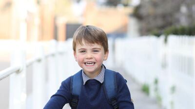 Prince Louis, who is celebrating his third birthday, smiles before his first day of attending Willcocks Nursery School, at Kensington Palace in London. AP Photo/Duchess of Cambridge
