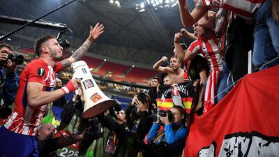 Saul Niguez of Atletico Madrid celebrates with fans after victory in the UEFA Europa League Final between Olympique de Marseille and Club Atletico de Madrid at Stade de Lyon in Lyon, France, on May 16, 2018. Matthias Hangst / Getty Images