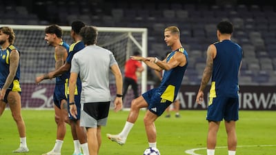 Nassr's Cristiano Ronaldo training at Hazza bin Zayed Stadium in Al Ain. Pawan Singh for The National
