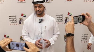 Issa Saif bin Handal, chairman of the Sharjah Committee of the 2023 Federal National Council, at the Sharjah polling station. Antonie Robertson / The National