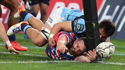 Tasman's Tom Marshall of Tasman loses the ball over the try line during the Bunnings NPC match against Northland at Semenoff Stadium in Whangarei, New Zealand, on Saturday September 18. Getty