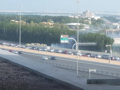 Firefighters were able to quickly bring the blaze under control on the sliproad joining Sheikh Zayed Bin Sultan Street, formerly known as Salam Street, just after Sheikh Zayed Bridge