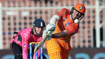 Jacques Kallis of Leo Lions in action against Virgo Super Kings during the Masters Champions League match at the Sharjah Cricket Stadium in Sharjah . ( Satish Kumar / The National )