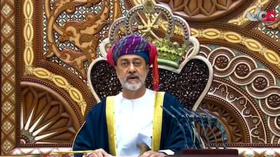 Sultan Haitham bin Tariq makes his first speech in front of the Royal Family Council in Muscat. AP