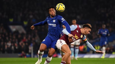 Chelsea defender Reece James tussles for the ball with Aston Villa's Jack Grealish. Getty Images