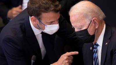 US President Joe Biden and French President Emmanuel Macron seen together on June 14, 2021. AP