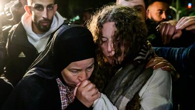 Newly released activist Ahed Tamimi (R) is greeted by relatives during a welcome ceremony following the release of Palestinian prisoners from Israeli jails in exchange for Israeli hostages held in Gaza by Hamas AFP