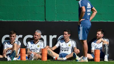 From left: Paulo Dybala, Nicolas Otamendi, Angel Di Maria, Lionel Scaloni and Lionel Messi gather during a training session in Rio de Janeiro. AFP